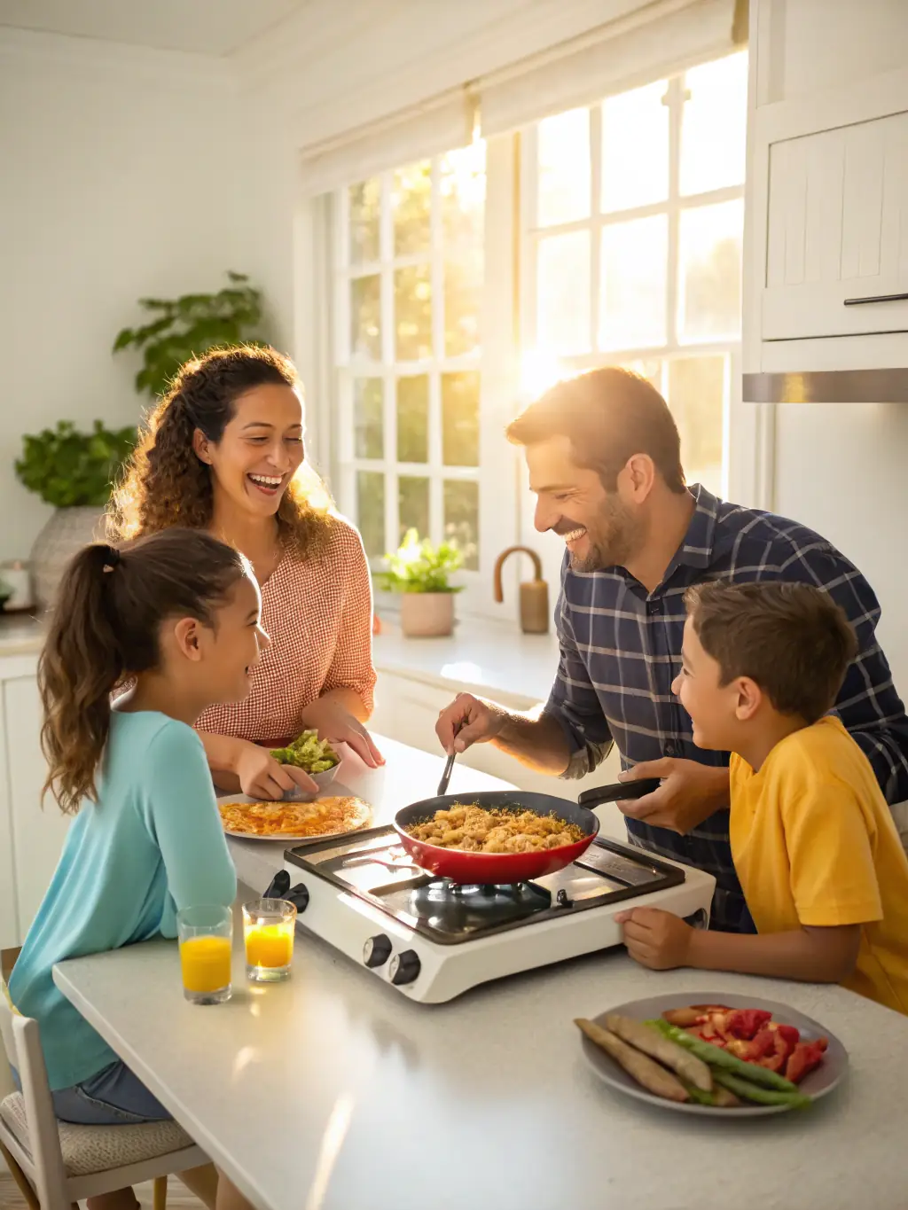 A family participating in a cooking class, learning to prepare a healthy meal together, representing the family-focused activities of ASSOCIATION FAMILIALE DE BOUSSAC.