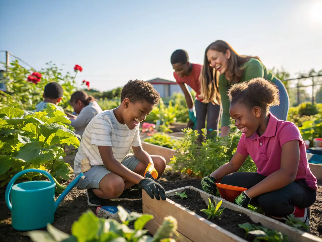A vibrant photo of children and adults participating in a community garden project, showcasing intergenerational collaboration and sustainable living.