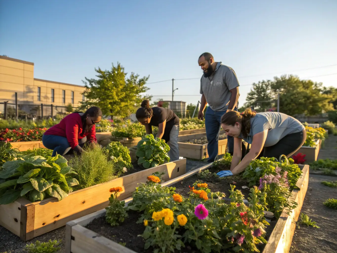A heartwarming image of a diverse group of families participating in a community garden project, showcasing intergenerational collaboration and a sense of shared purpose.