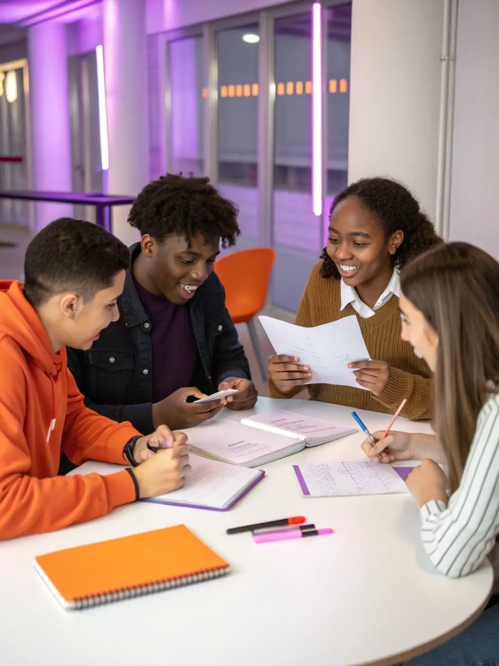 A group of teenagers participating in a leadership training session, discussing ideas and working collaboratively, representing the youth empowerment programs of ASSOCIATION FAMILIALE DE BOUSSAC.