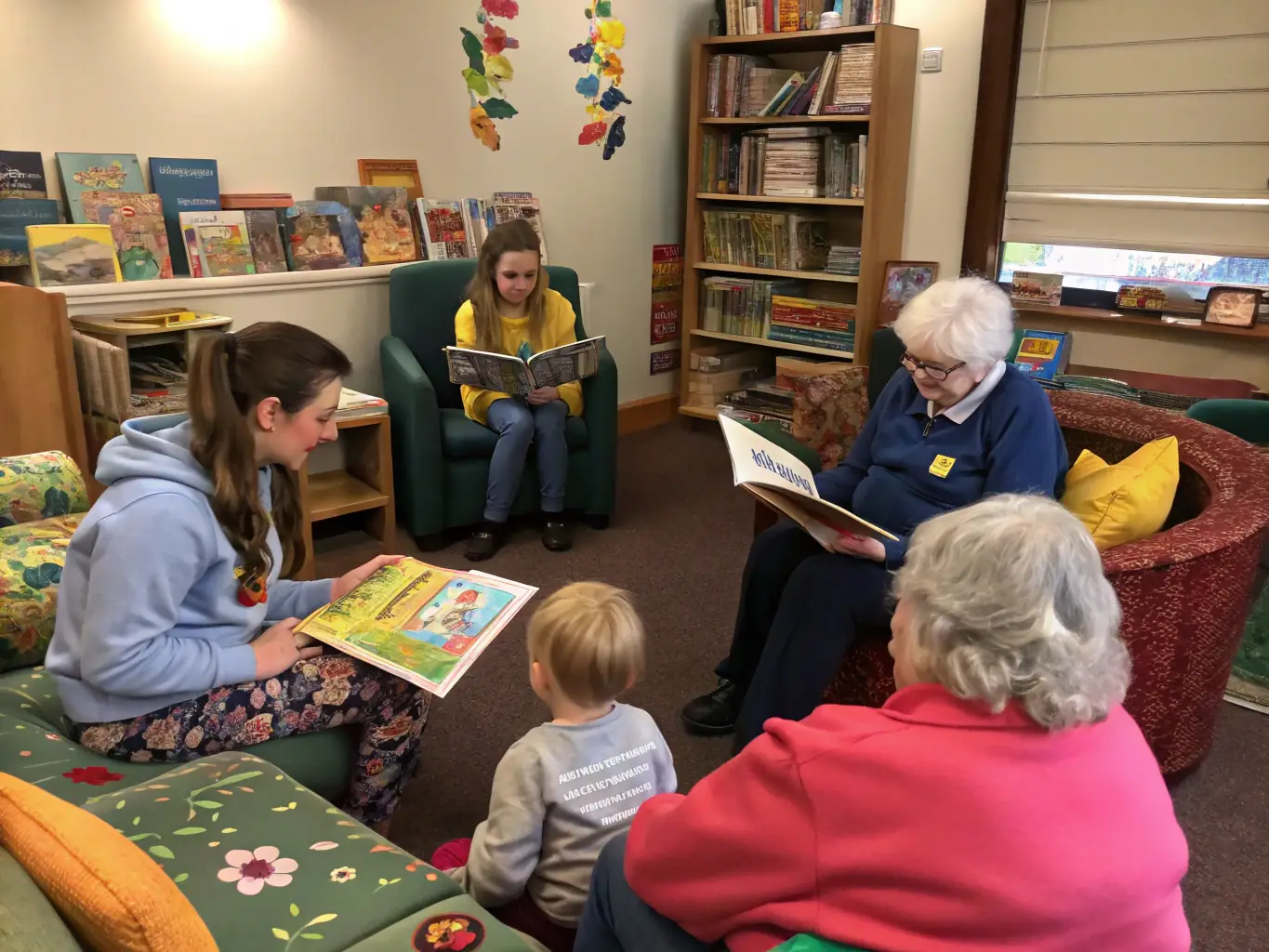 A heartwarming image of seniors sharing stories and skills with young children during an intergenerational workshop.
