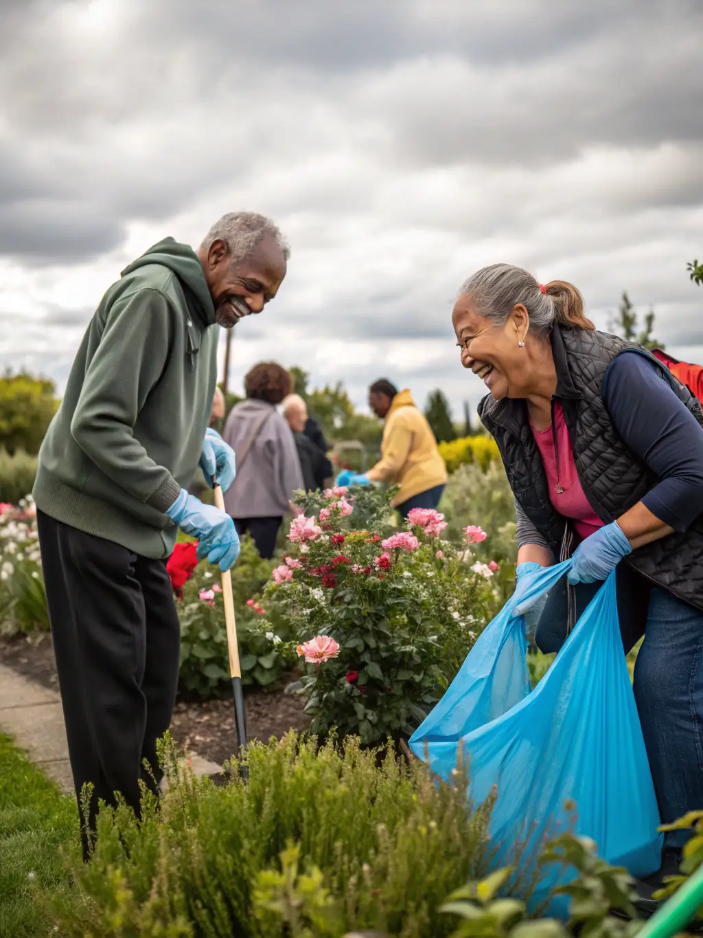 A multigenerational group of people gardening together in a community garden, symbolizing the intergenerational connections promoted by ASSOCIATION FAMILIALE DE BOUSSAC.