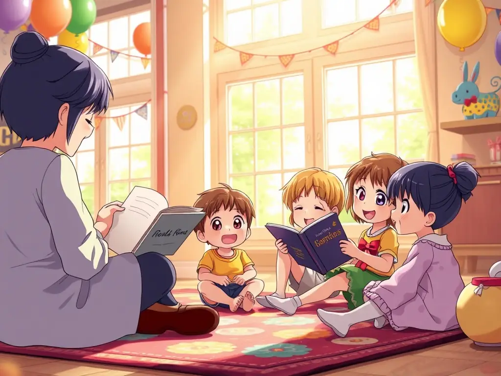 An image of children and adults participating in an interactive storytelling session at the local library, emphasizing the joy of reading and learning together.