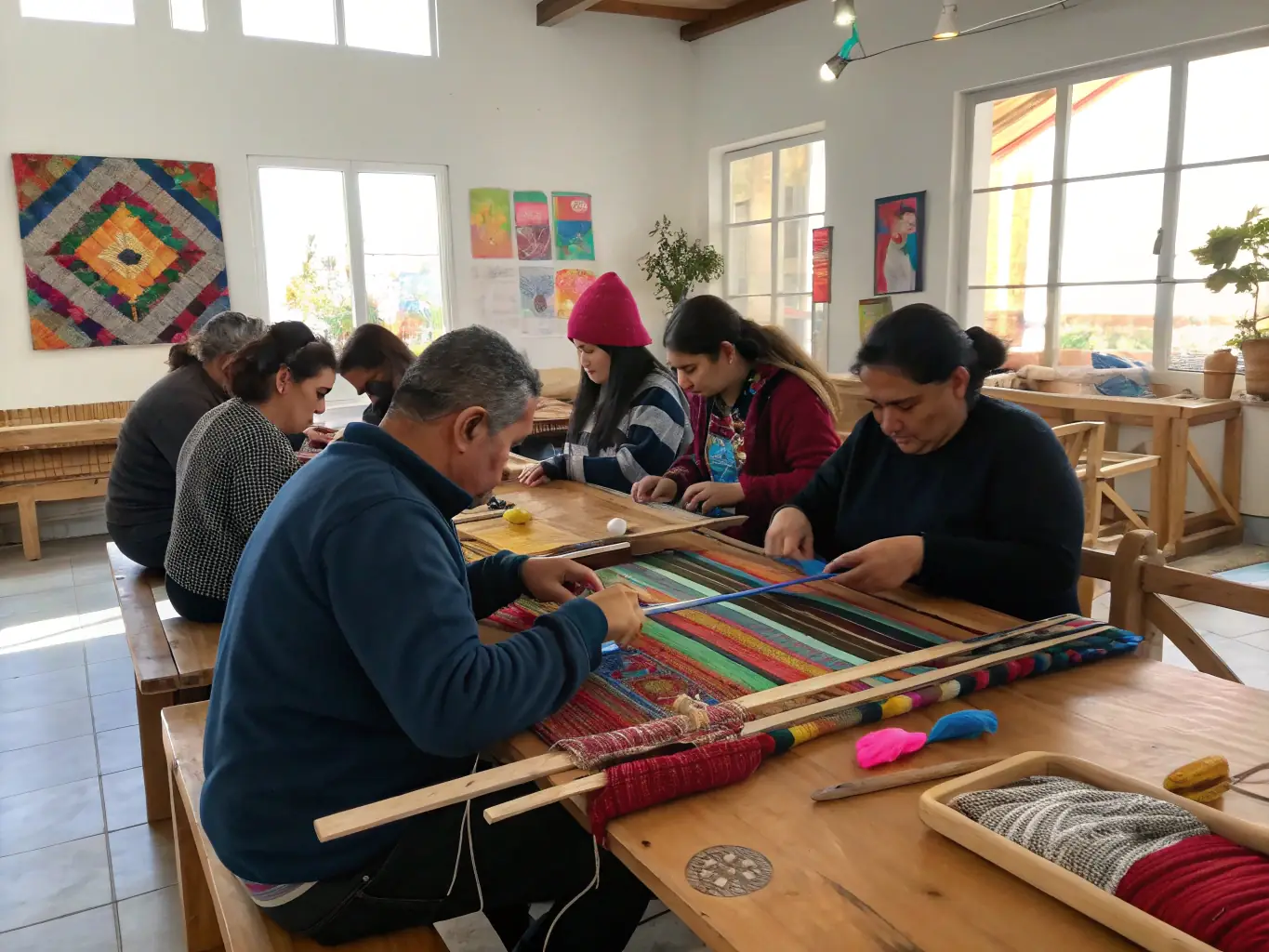 A photograph capturing a lively intergenerational workshop where seniors are teaching traditional crafts to young children, fostering connections and sharing valuable skills.