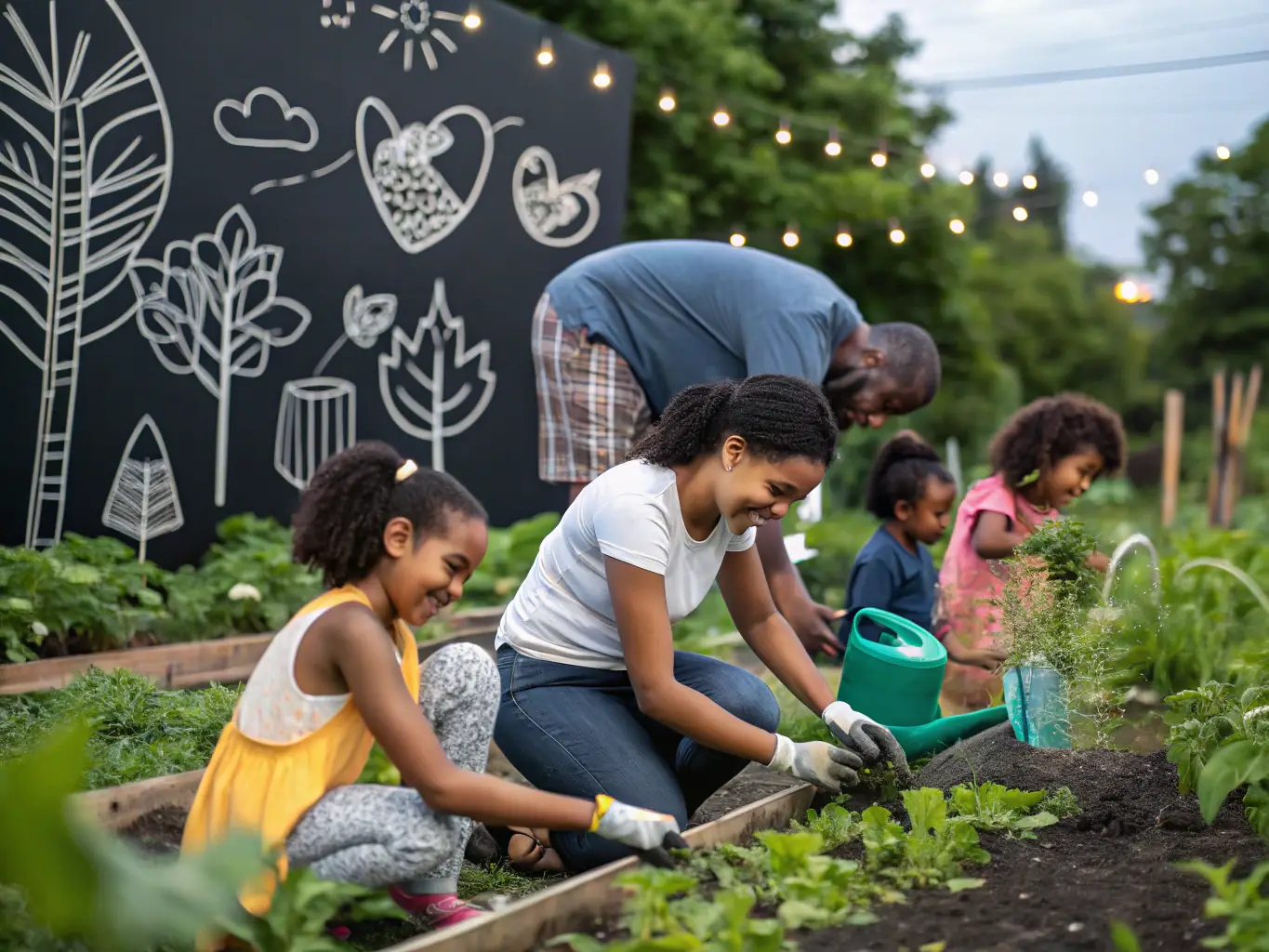 A vibrant image depicting a group of families participating in a community garden project, showcasing teamwork and intergenerational collaboration.