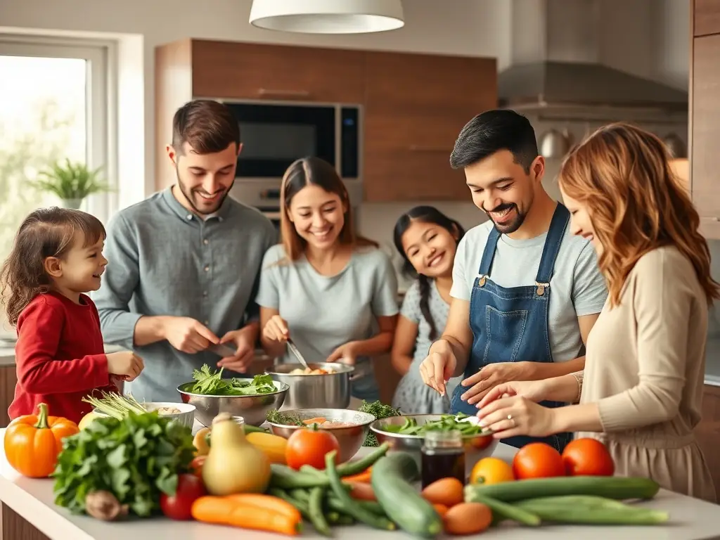 A photograph capturing families engaged in a cooking workshop, learning to prepare healthy meals together and promoting healthy eating habits.