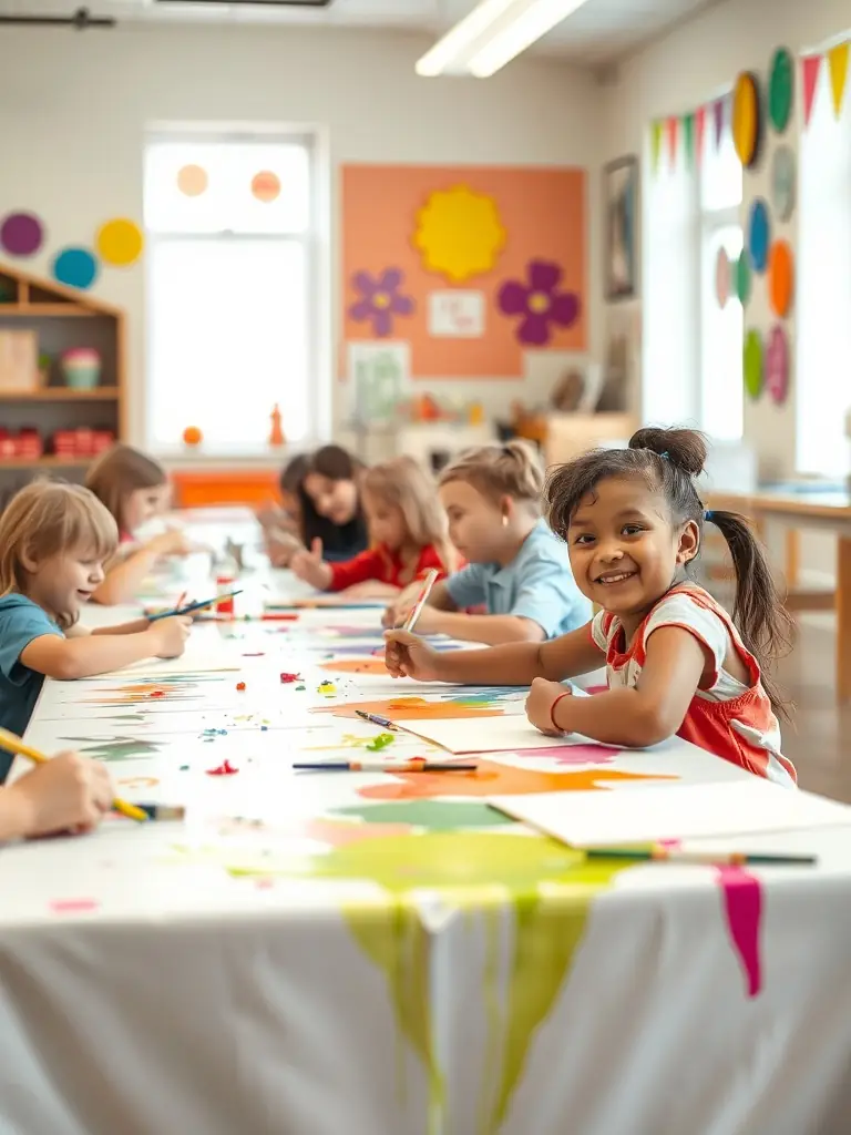 A group of children participating in an art workshop, smiling and engaged, with colorful drawings displayed in the background, representing the creative programs offered by ASSOCIATION FAMILIALE DE BOUSSAC.